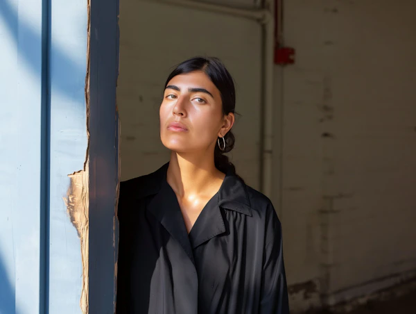 Contemplative Young Woman by Blue Door