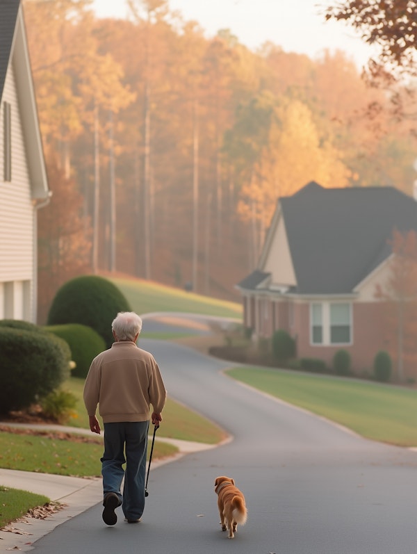 Elderly Man and Dog on Suburban Street Walk