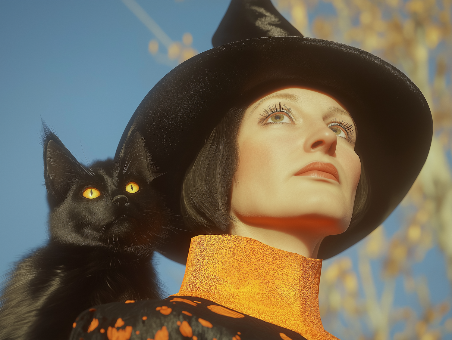 Woman with Black Cat in Autumn