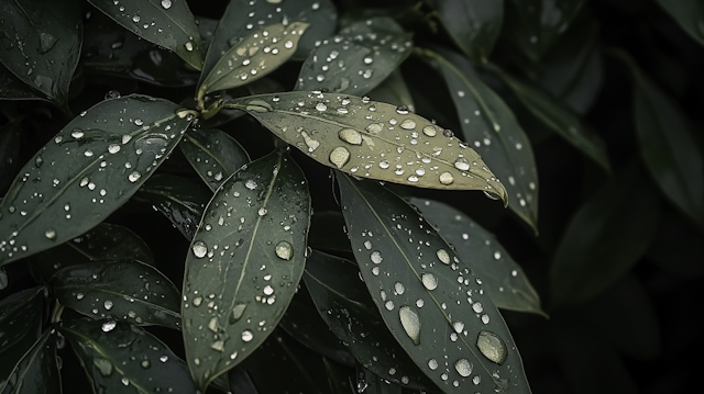 Close-up of Water-Drenched Leaves