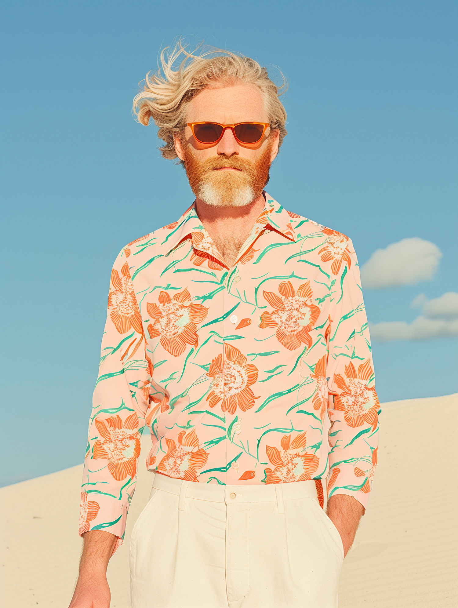 Man in Floral Shirt Against Blue Sky