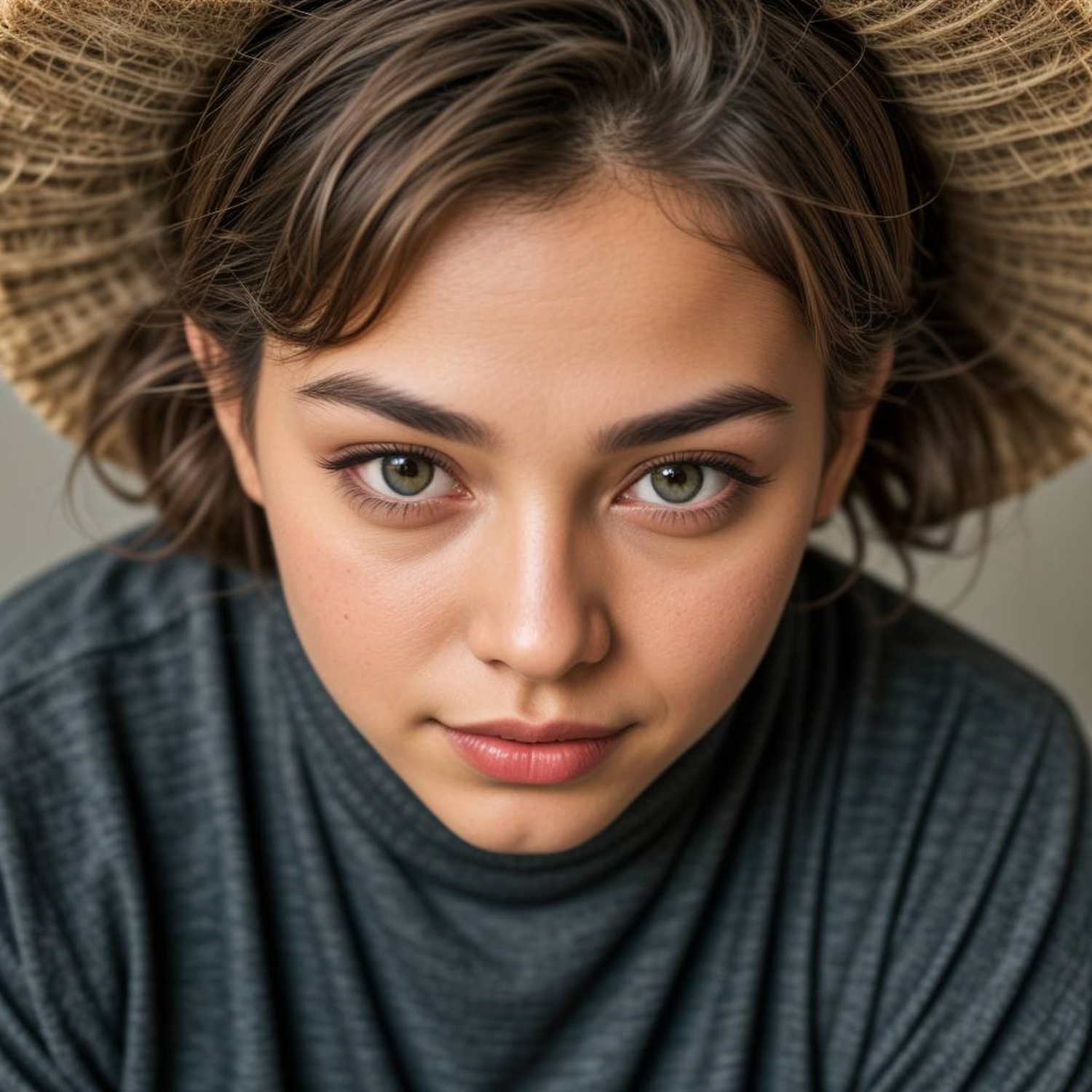 Contemplative Young Woman with Straw Hat