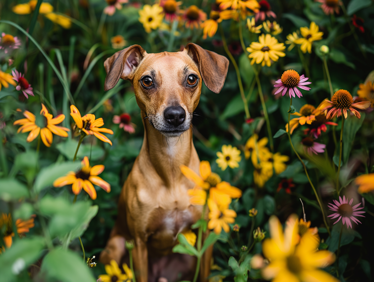 Alert Dog Amidst Colorful Flowers