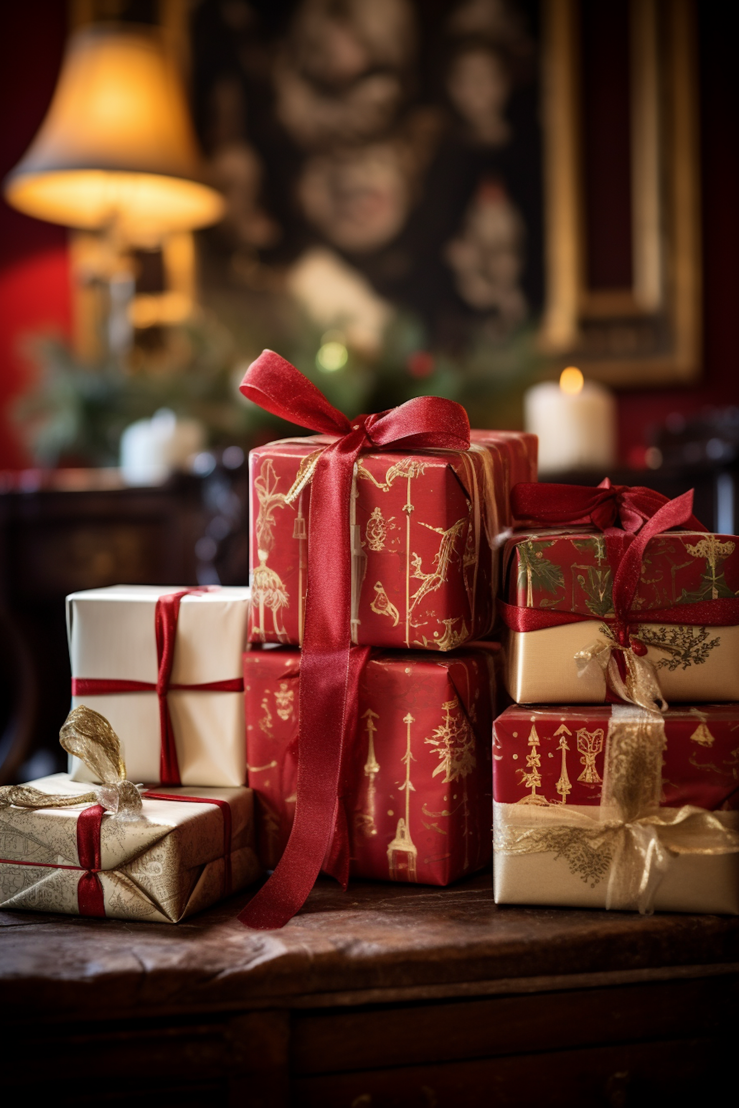 Festive Christmas Gifts with Golden Reindeer Patterns and Red Ribbons