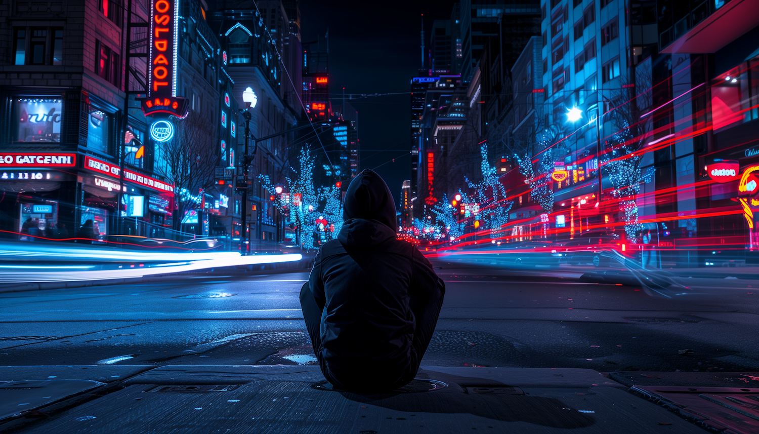 Solitary Figure in Neon-Lit Urban Night