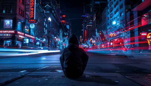 Solitary Figure in Neon-Lit Urban Night