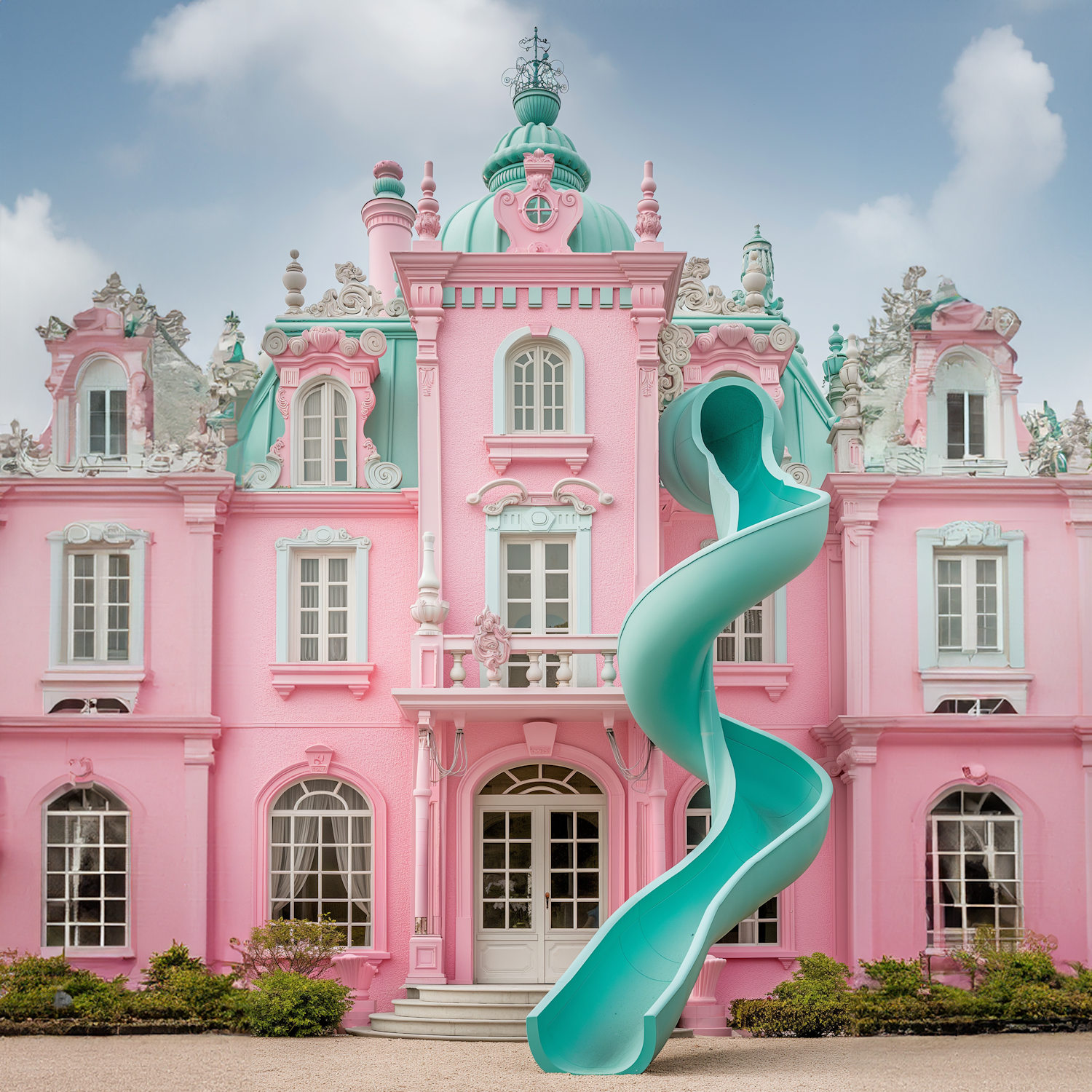 Whimsical Pink Baroque Building with Teal Slide