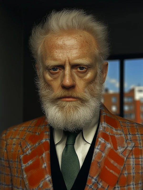 Elderly Man in Orange Plaid Jacket