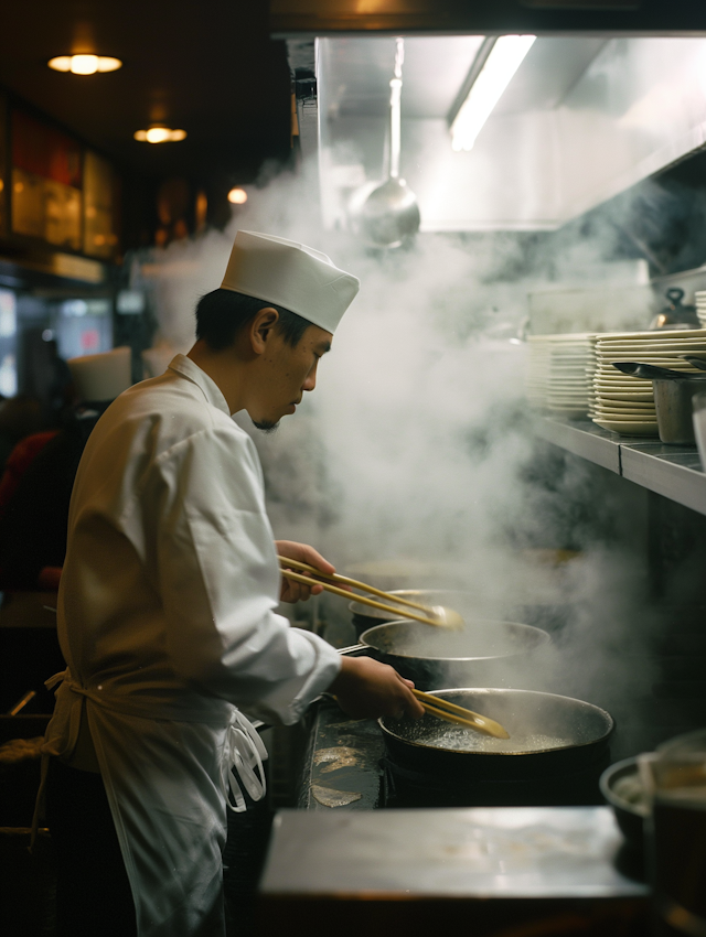 Professional East Asian Chef Cooking with Intensity