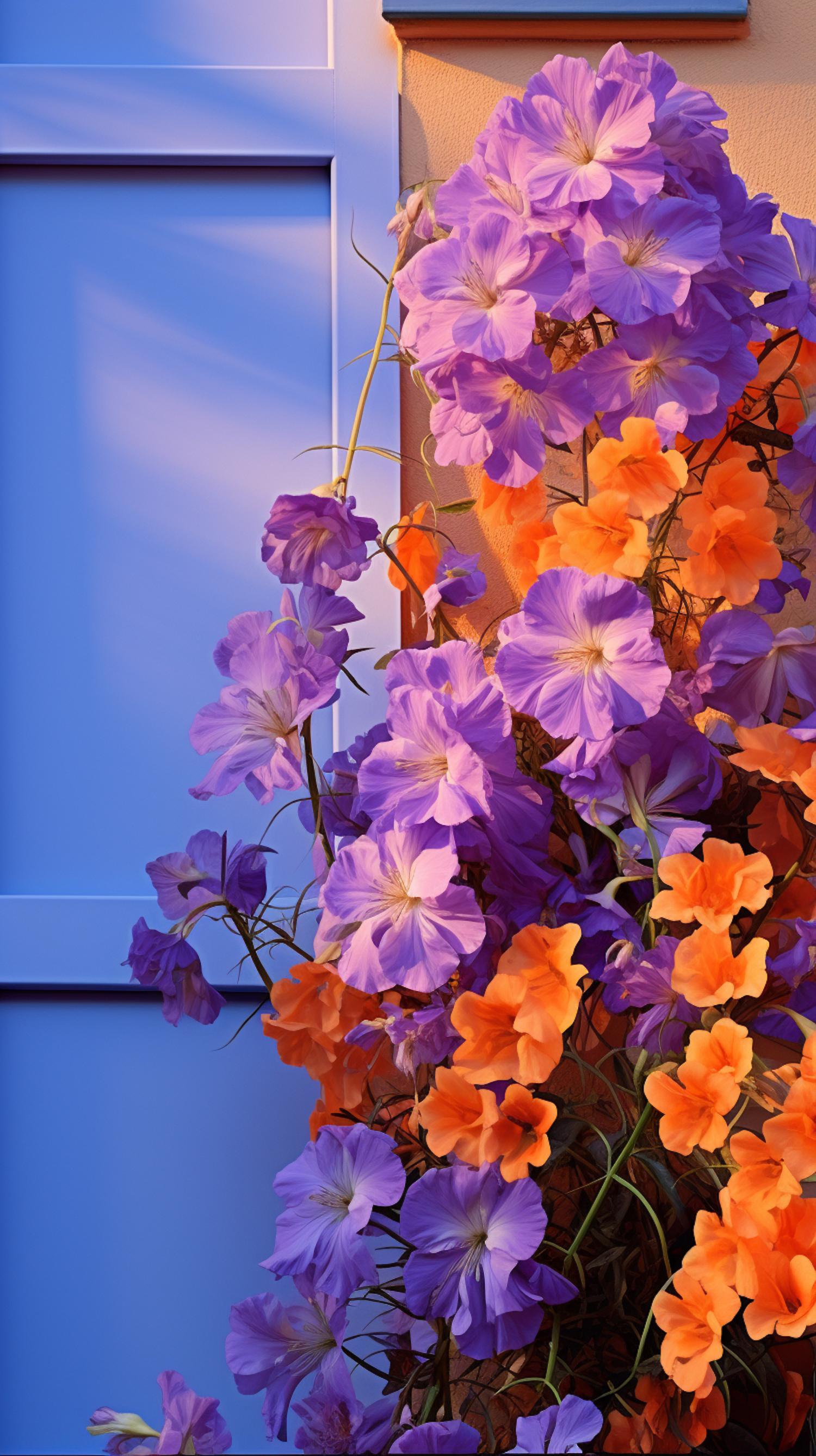 Lilac and Orange Petunias against Blue