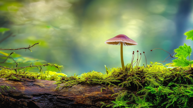 Mushroom on Moss-Covered Log