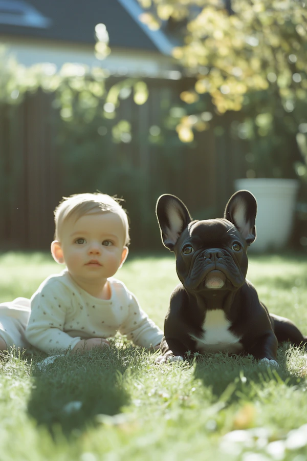 Baby and French Bulldog on Lawn