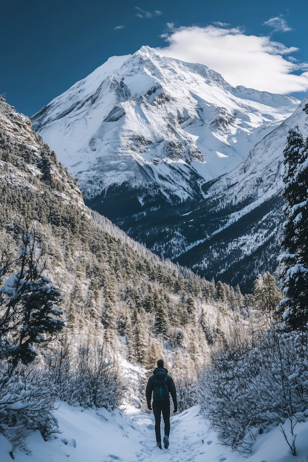 Lone Hiker in Snowy Wilderness