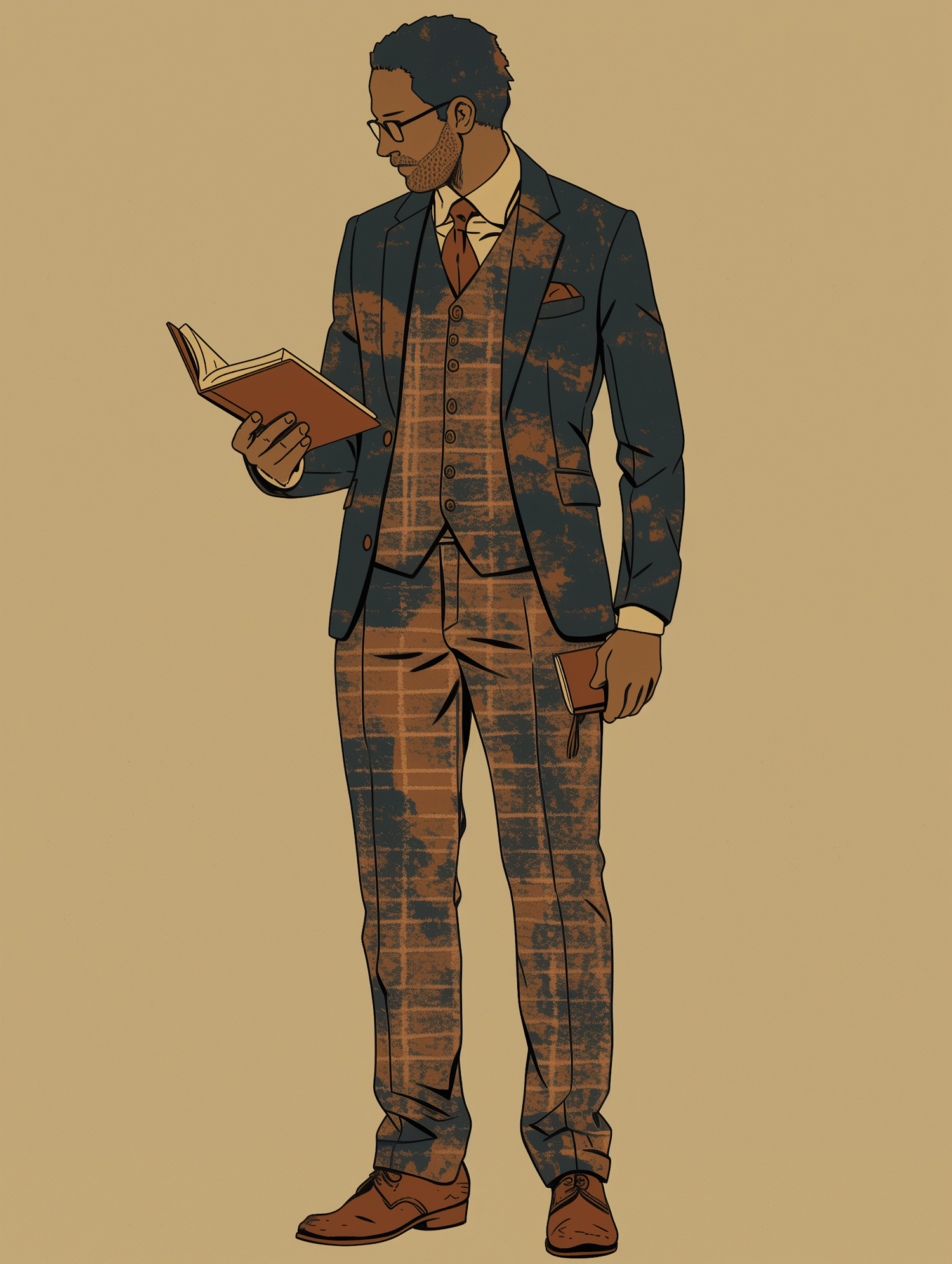 Man Reading a Book in a Plaid Suit