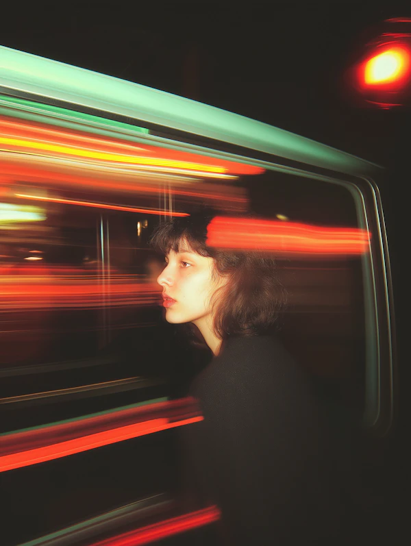Contemplative Woman in Urban Lights