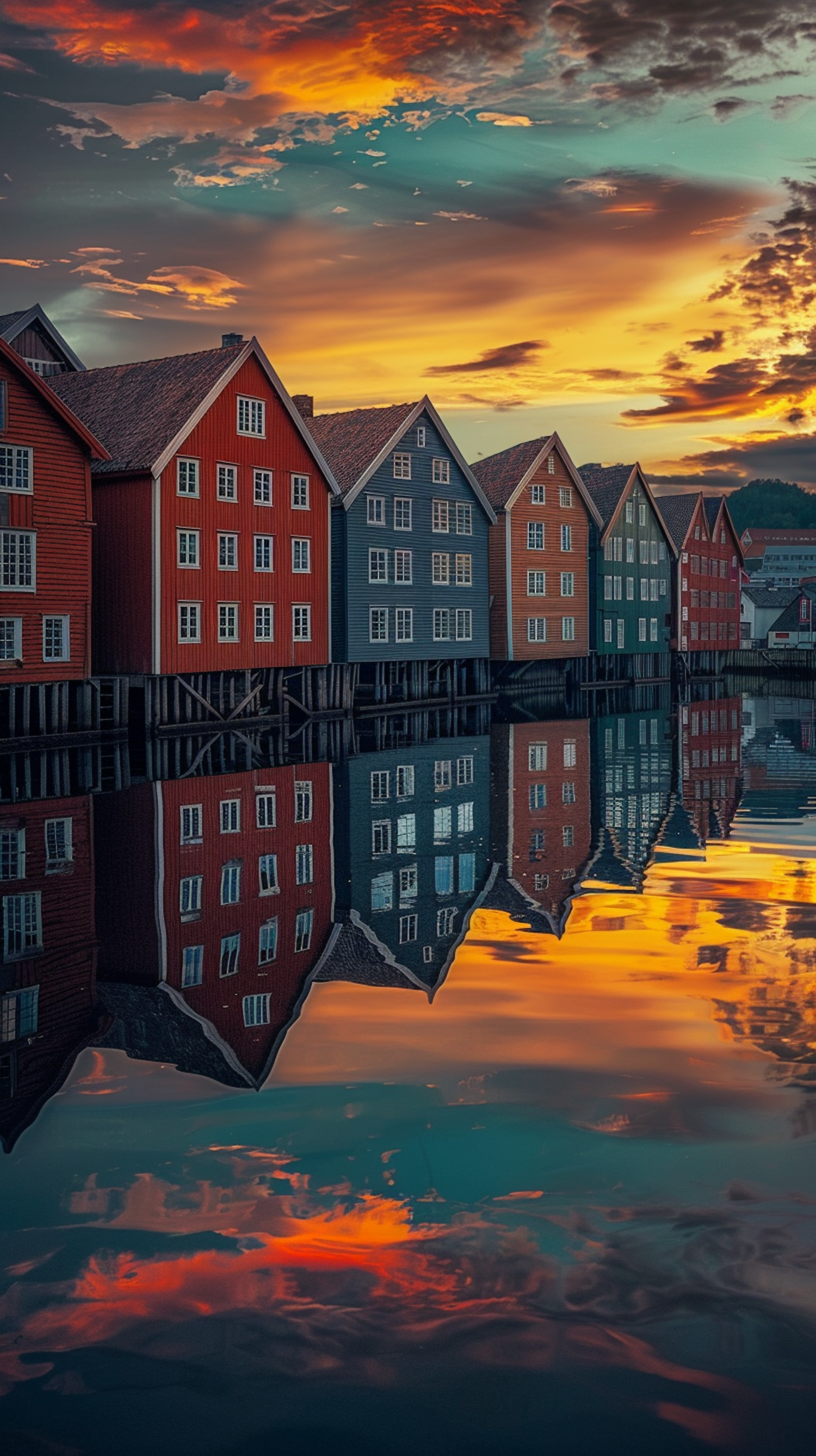 Reflections of Traditional Houses at Sunset