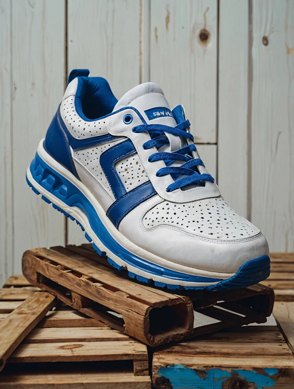 Modern White and Blue Sneaker on Wooden Pallet