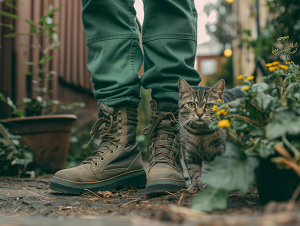 Tabby Cat with Human Companion Outdoors