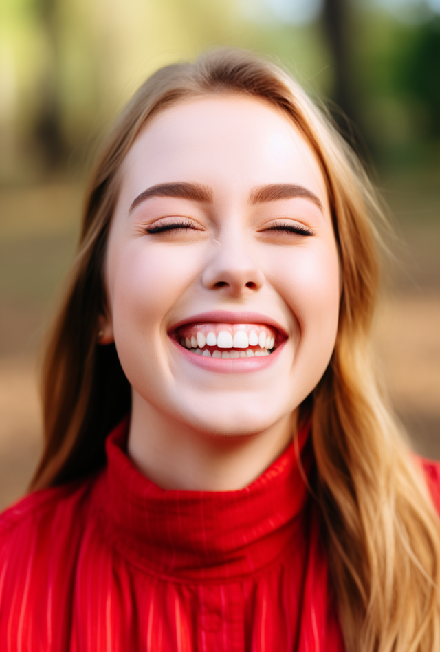 Radiant Joy: Close-Up of a Smiling Young Woman in Red