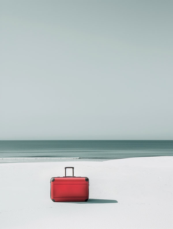 Striking Red Suitcase on Tranquil Beach
