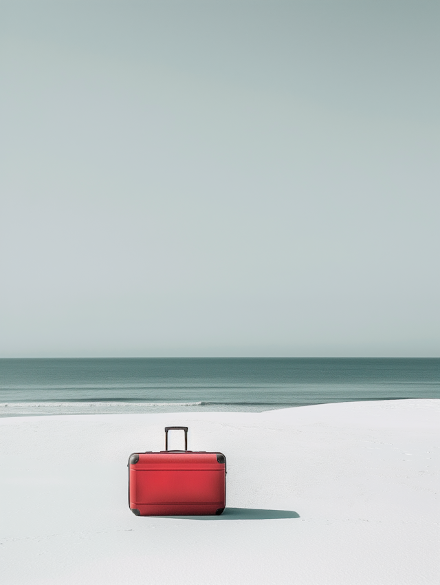 Striking Red Suitcase on Tranquil Beach