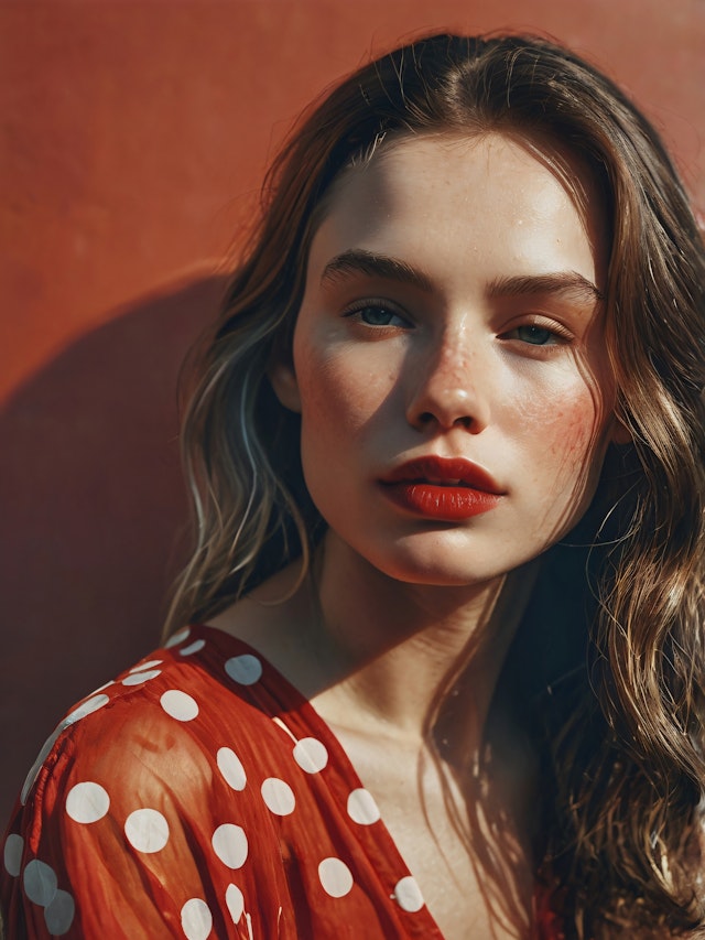 Contemplative Woman in Red Polka Dot Dress