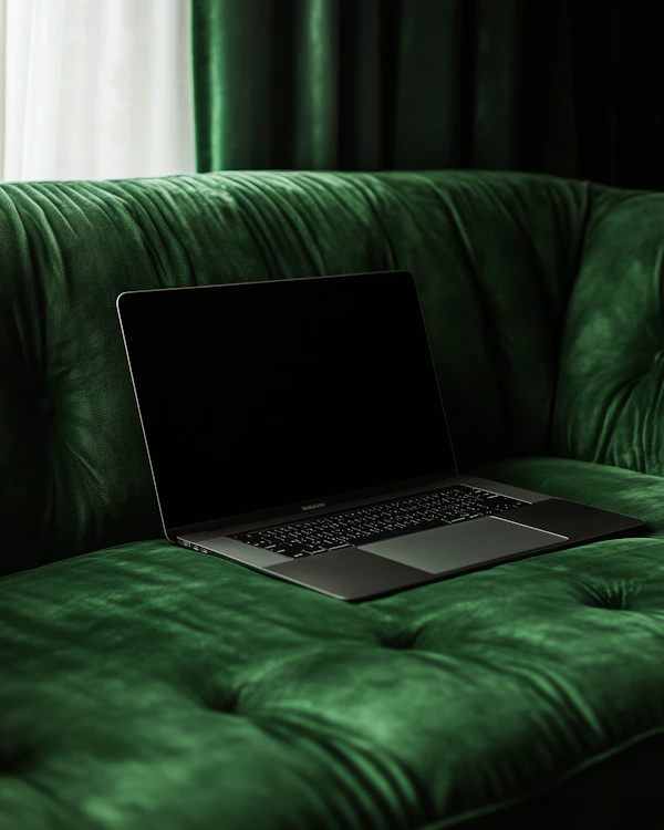 Laptop on Velvet Sofa