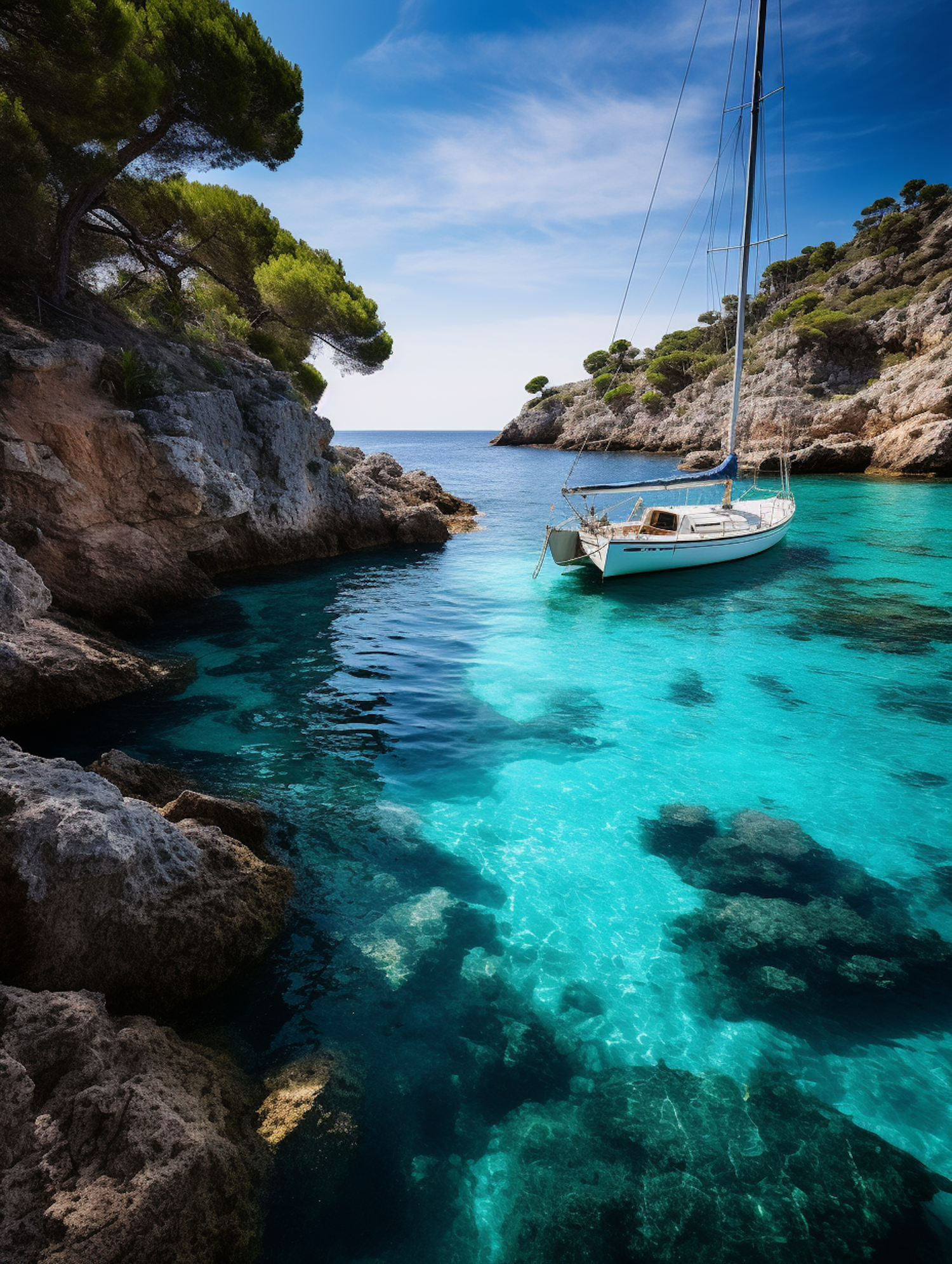 Tranquil Cove with Moored Sailboat