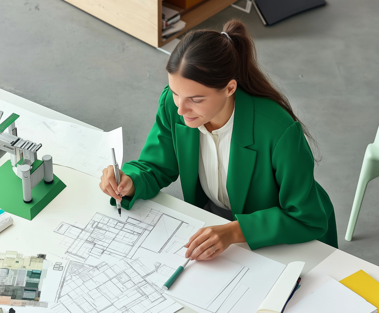 Woman Working on Architectural Drawings