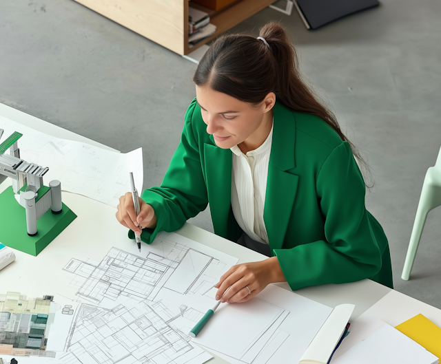 Woman Working on Architectural Drawings