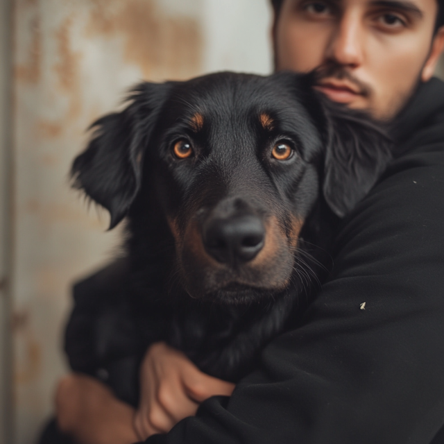 Close-up of Person Holding Black Dog