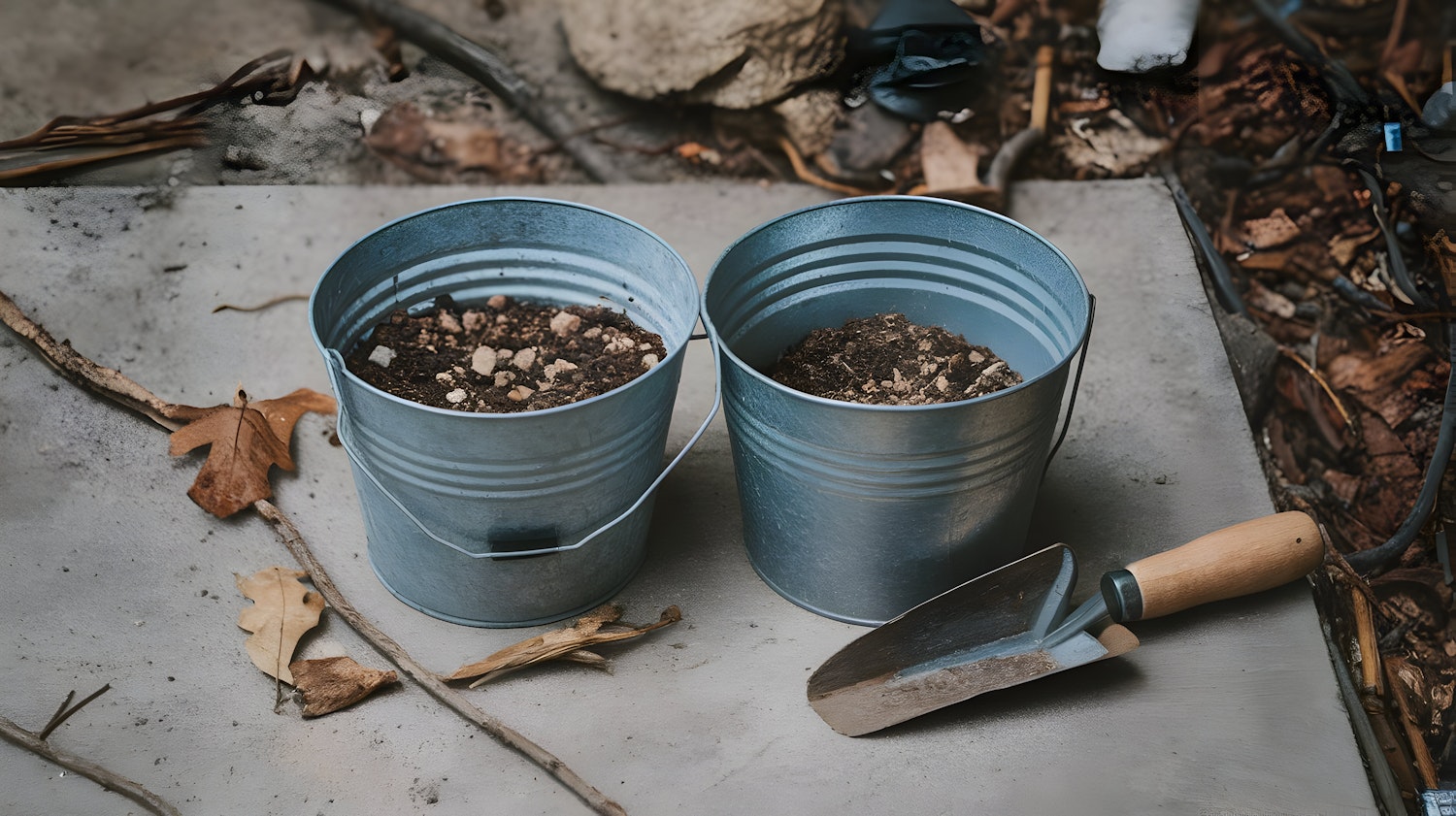 Gardening Scene with Buckets and Trowel