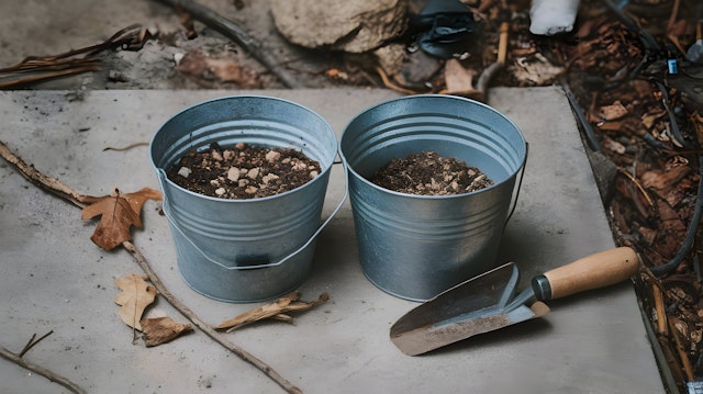 Gardening Scene with Buckets and Trowel