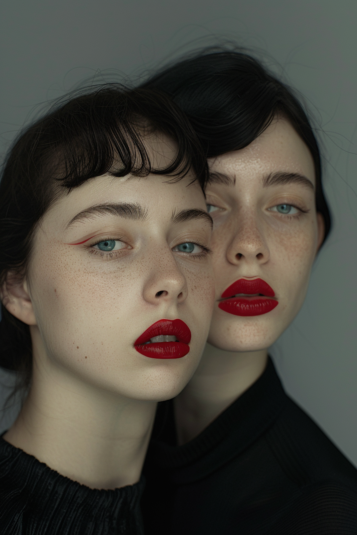 Twin Sisters with Red Lipstick