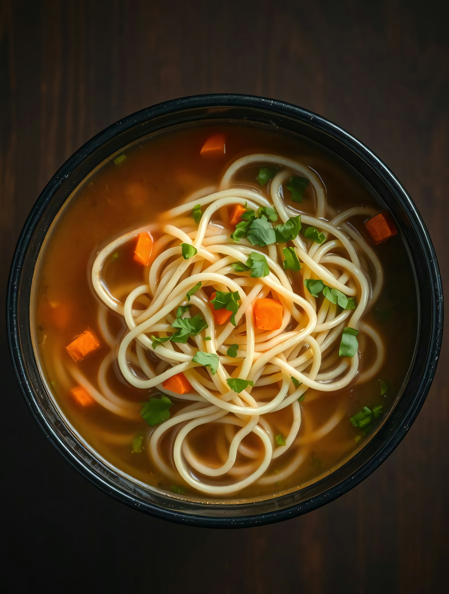 Noodle Soup in Black Bowl