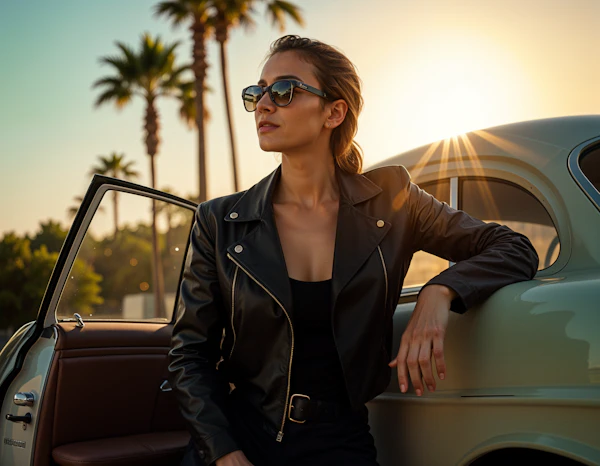 Woman with Vintage Car at Sunset
