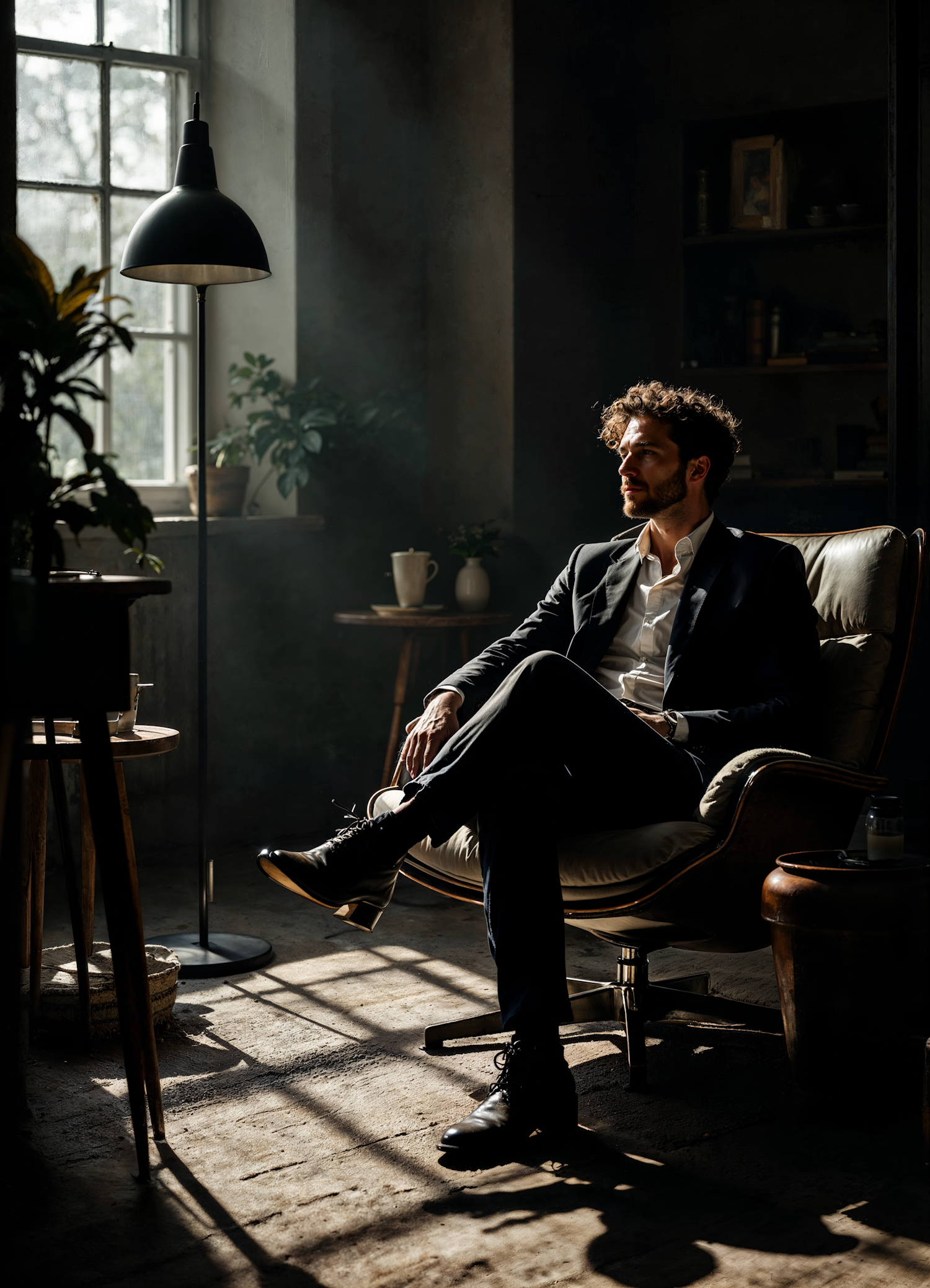 Contemplative Man in Sunlit Room