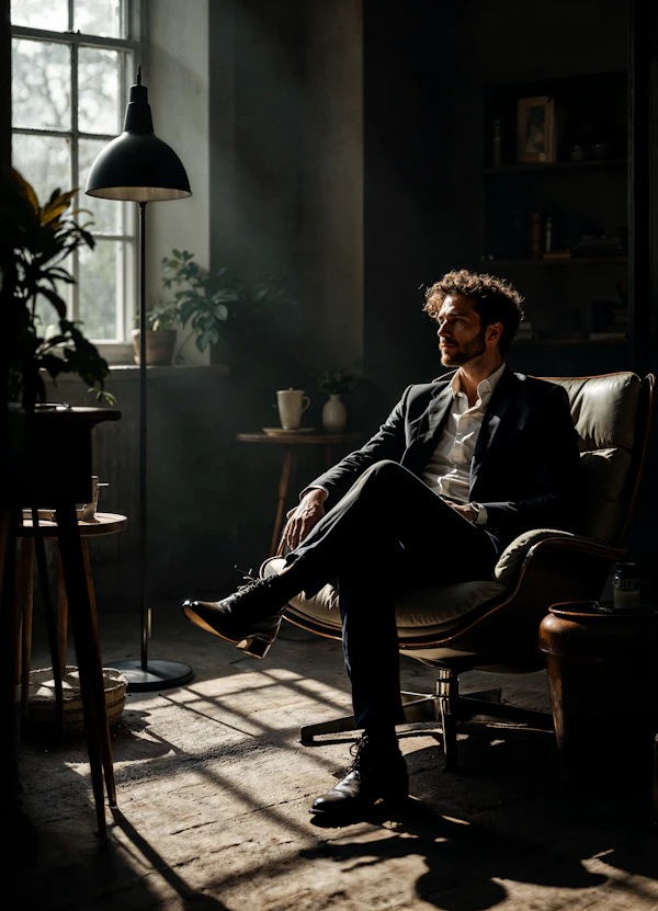 Contemplative Man in Sunlit Room