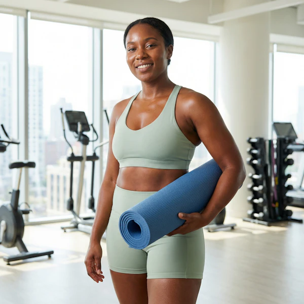 Woman in Gym with Yoga Mat