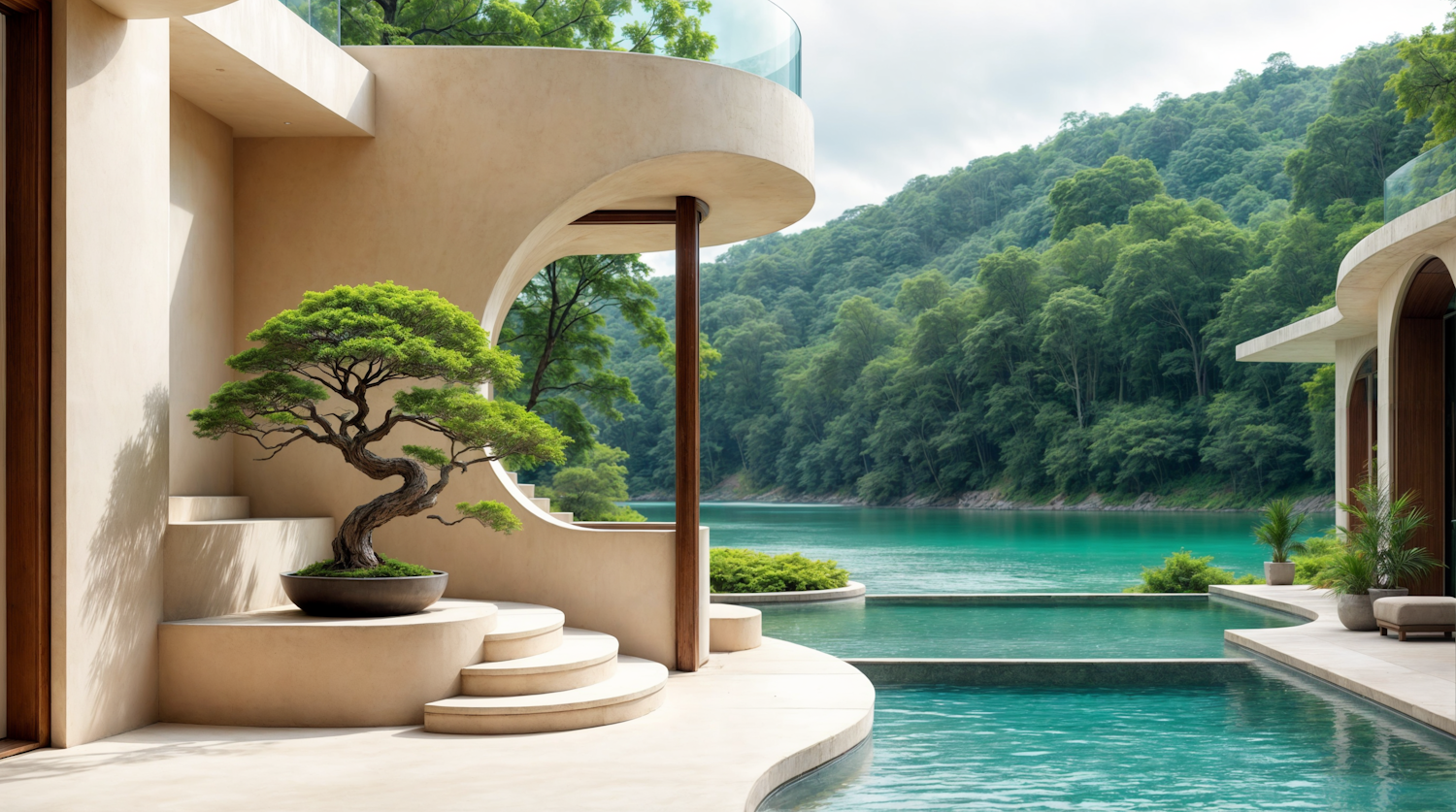 Serene Modern Architecture with Bonsai