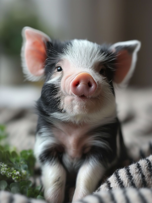 Adorable Patched Piglet in Cozy Indoor Setting