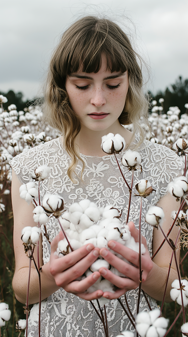 Contemplative Young Woman in Cotton Field