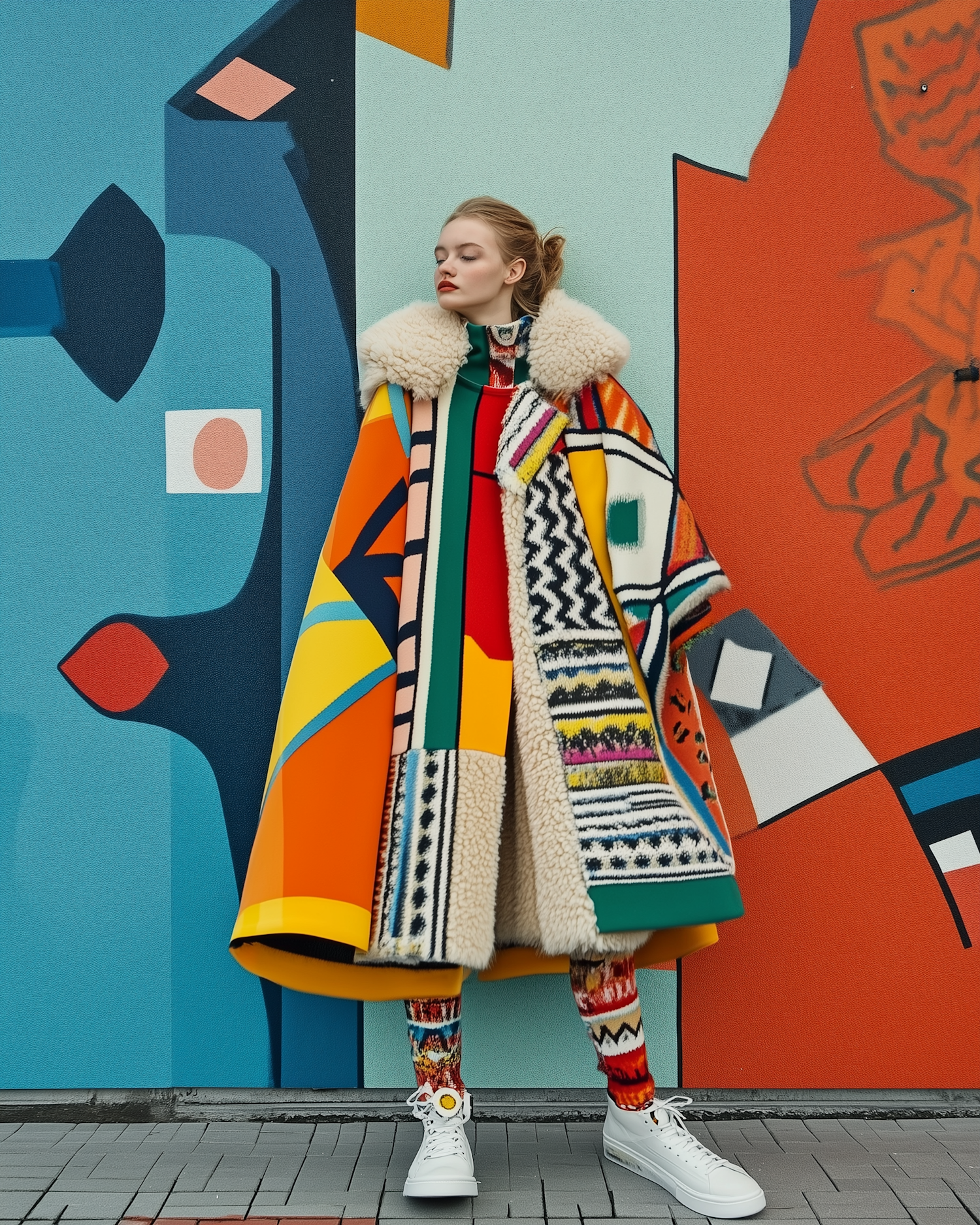 Woman in Colorful Fashion Against Abstract Mural