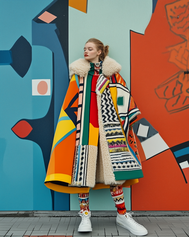 Woman in Colorful Fashion Against Abstract Mural