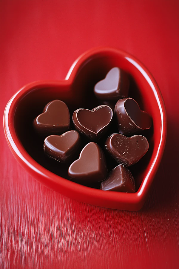 Heart-Shaped Chocolates in Red Bowl