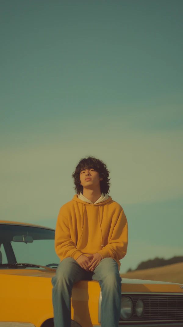 Contemplative Moment on a Yellow Car