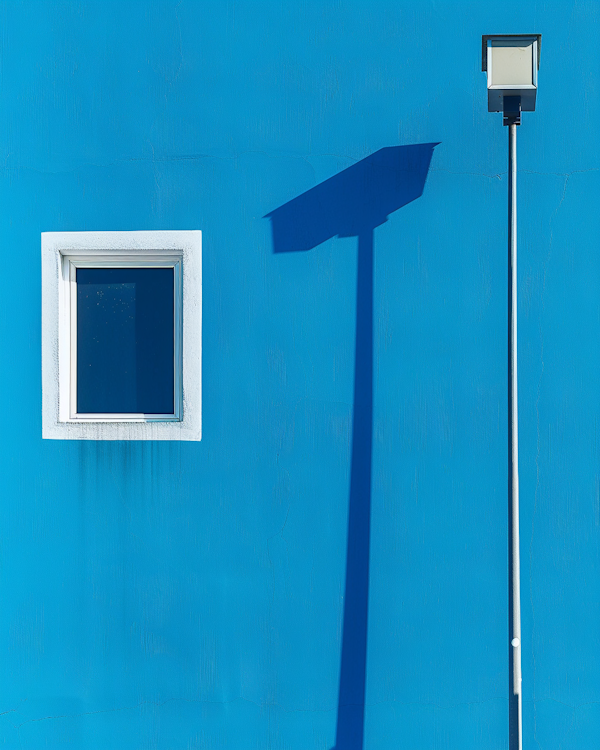 Minimalist Blue Wall with White Window and Lamp Post