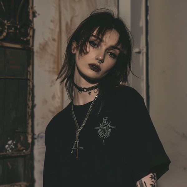 Edgy Portrait of a Young Woman in a Rustic Room