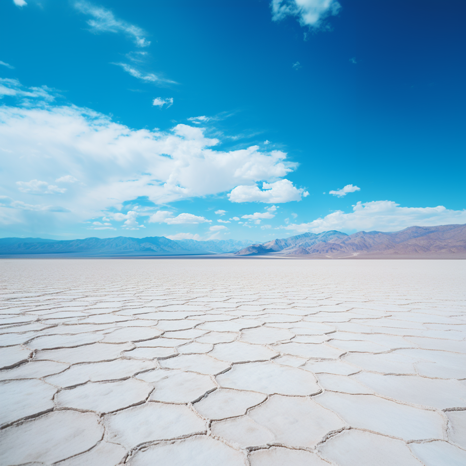 Polygonal Salt Pan Mosaic under Ethereal Blue Skies