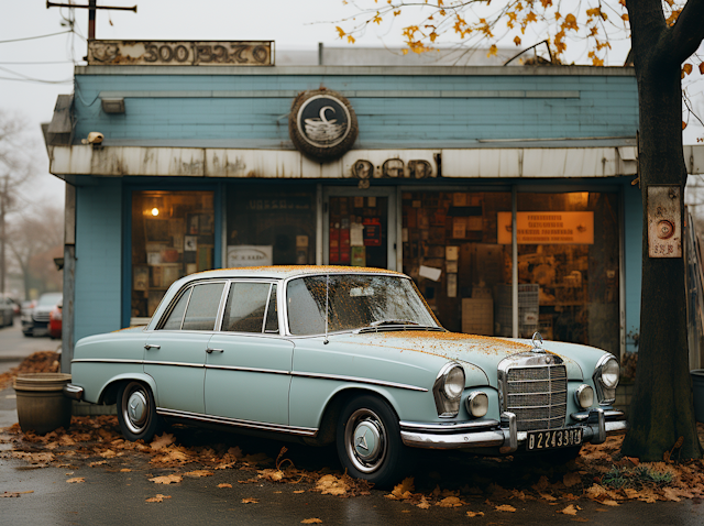 Vintage Blue Car with Autumn Leaves